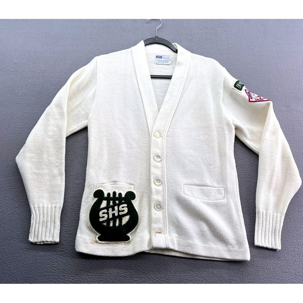 VTG AMF Cardigan Sweater Mens 38 Tennessee American Cream SHS Drum Major